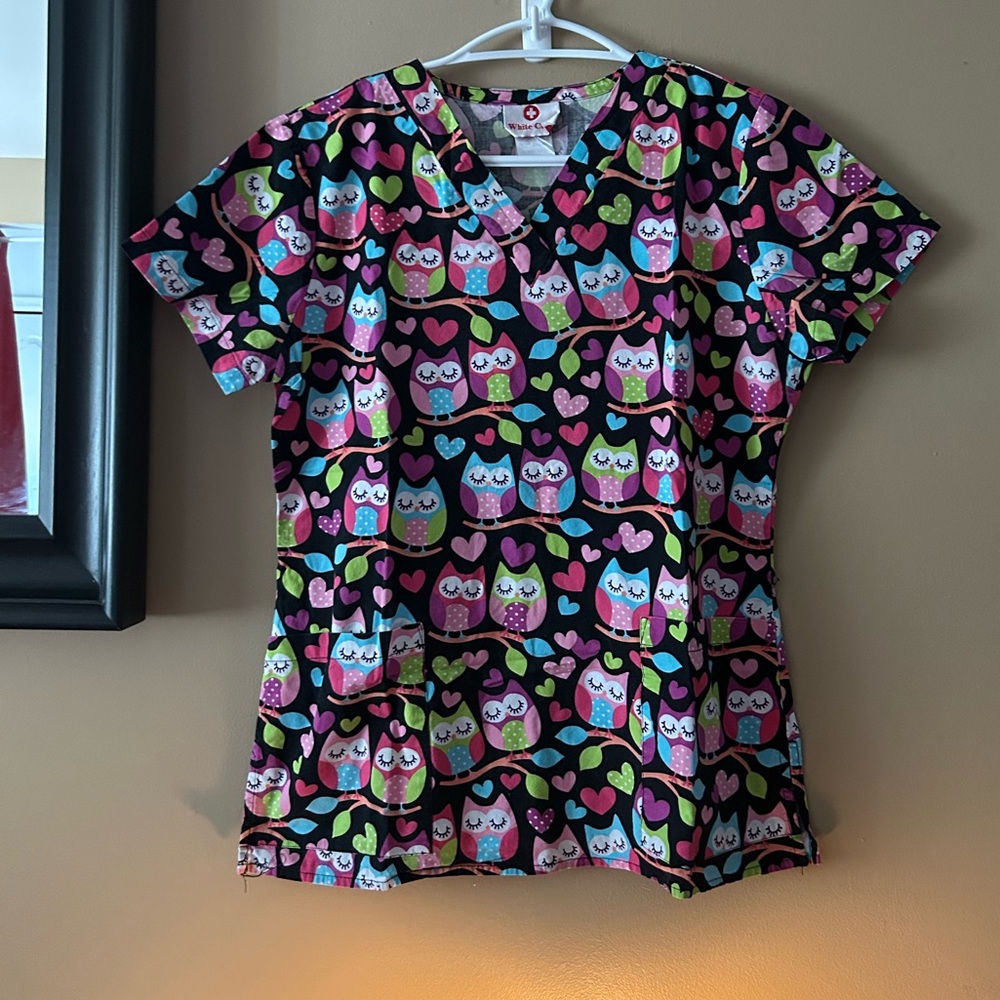 White Cross Heart and Owl Print Scrub Top